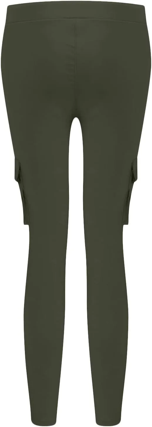 Womens Mid Waist Cargo Leggings High Rise Skinny Cargo Pants Tactical Stretch Jogger Slim Tapered Trouser Sweatpants