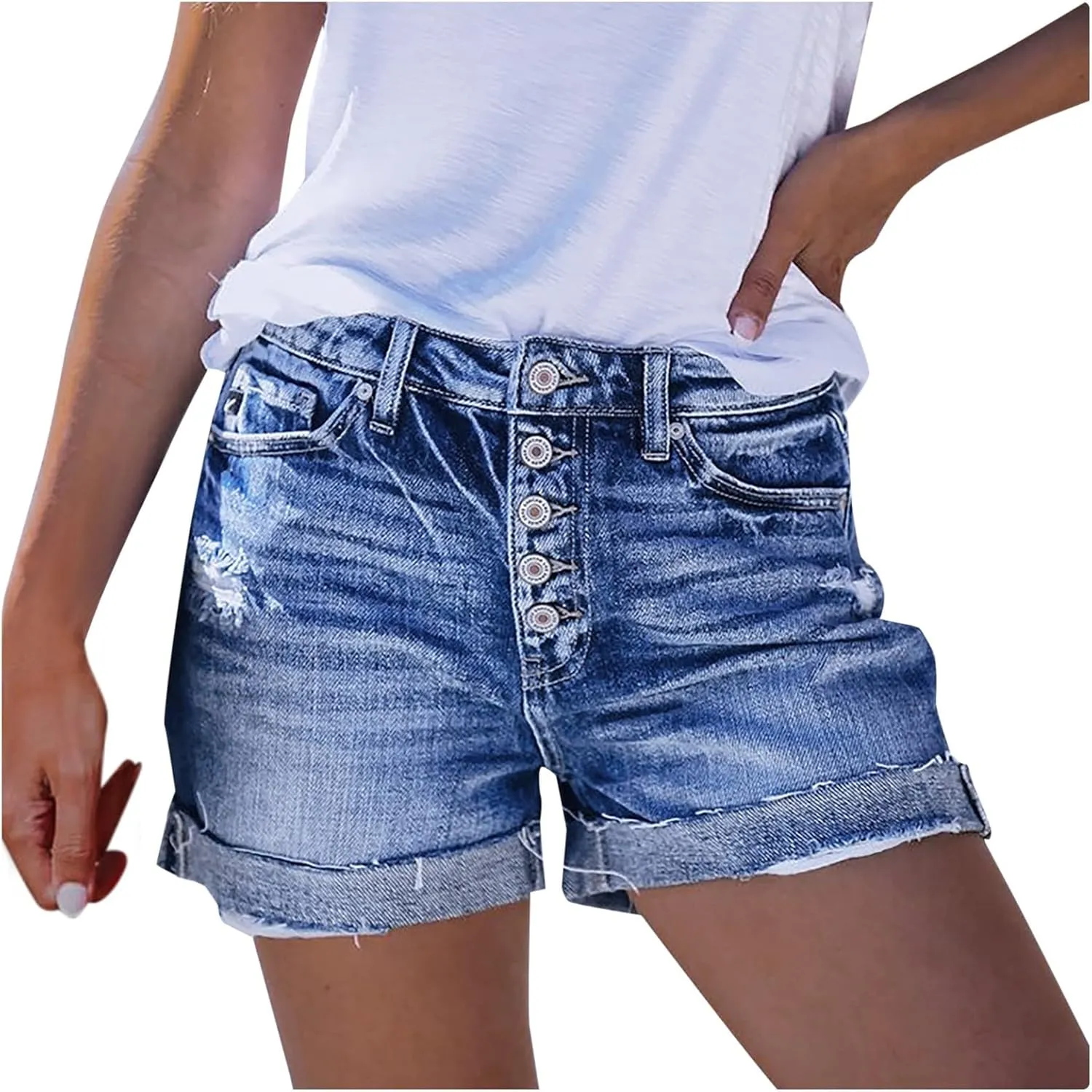 Womens Ripped Denim Skirts Trendy Baggy Mid Rise Casual Stretch Lady Summer Baggy Button Fly Relaxed Fit Jean Shorts