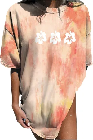 Womens Short Sleeve Tops Crewneck Tie Dye Shirts Oversized Tees T-Shirt Trendy Shirts Blouse Graphic Funny T Shirts