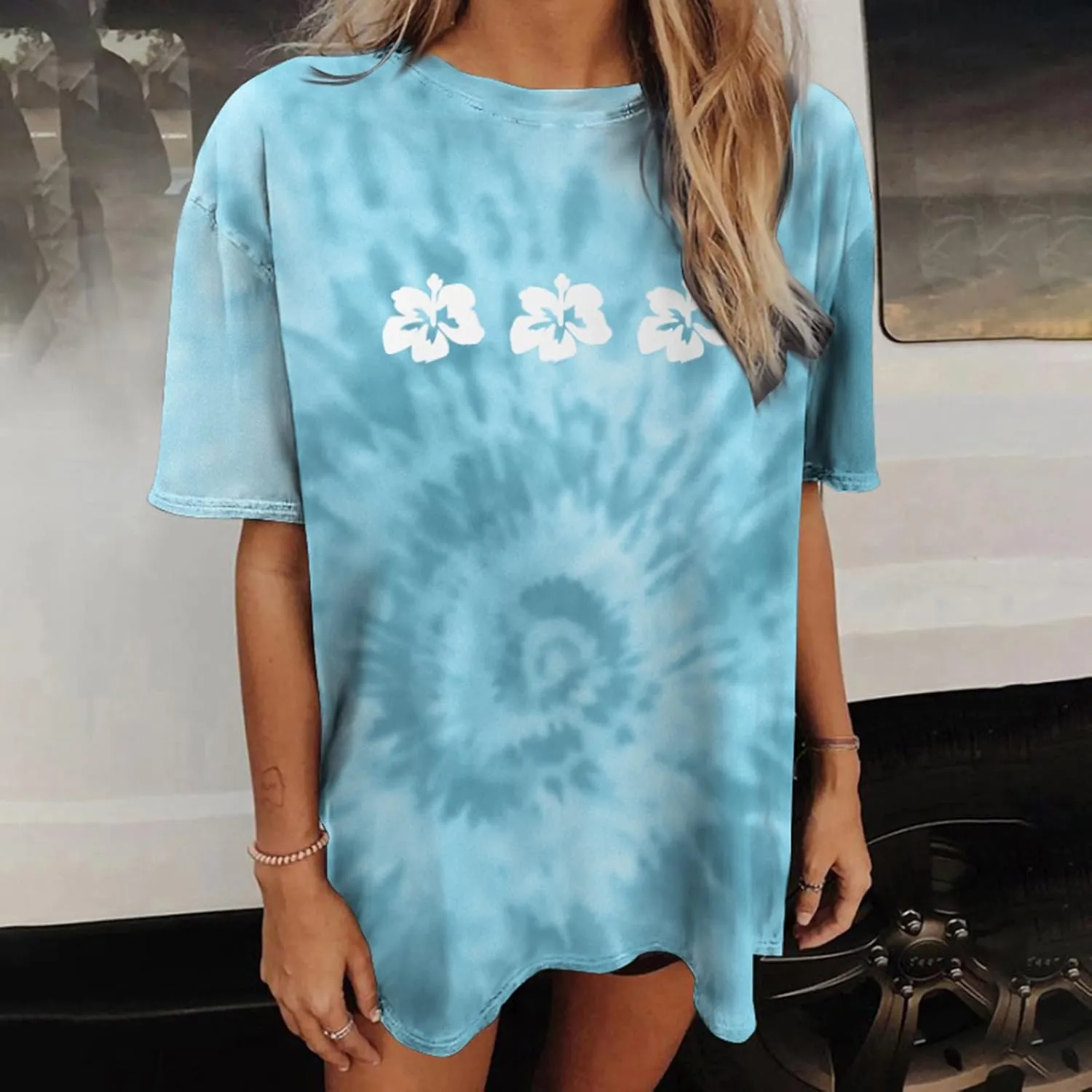Womens Short Sleeve Tops Crewneck Tie Dye Shirts Oversized Tees T-Shirt Trendy Shirts Blouse Graphic Funny T Shirts