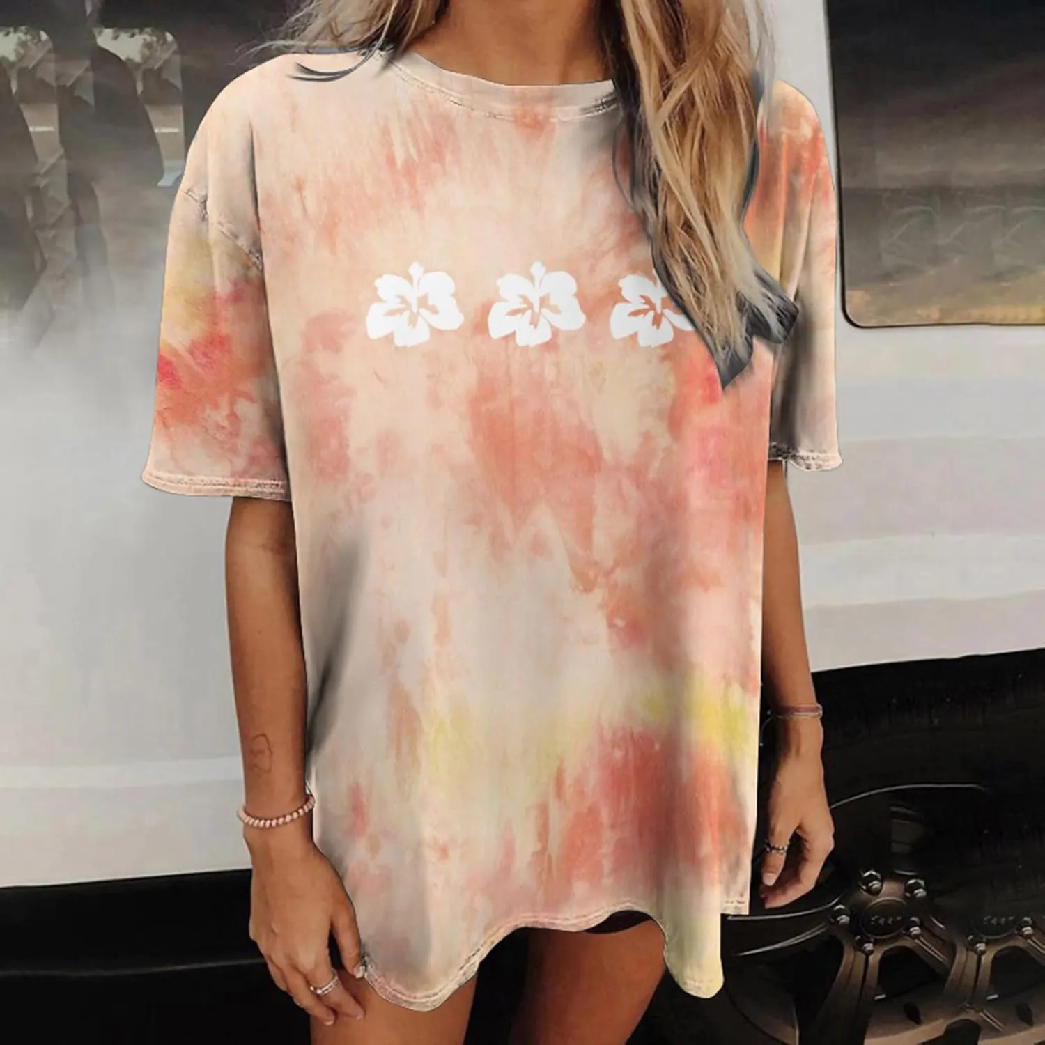 Womens Short Sleeve Tops Crewneck Tie Dye Shirts Oversized Tees T-Shirt Trendy Shirts Blouse Graphic Funny T Shirts