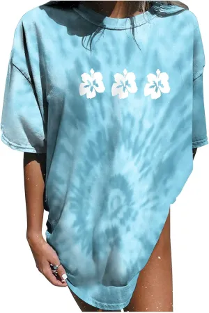 Womens Short Sleeve Tops Crewneck Tie Dye Shirts Oversized Tees T-Shirt Trendy Shirts Blouse Graphic Funny T Shirts