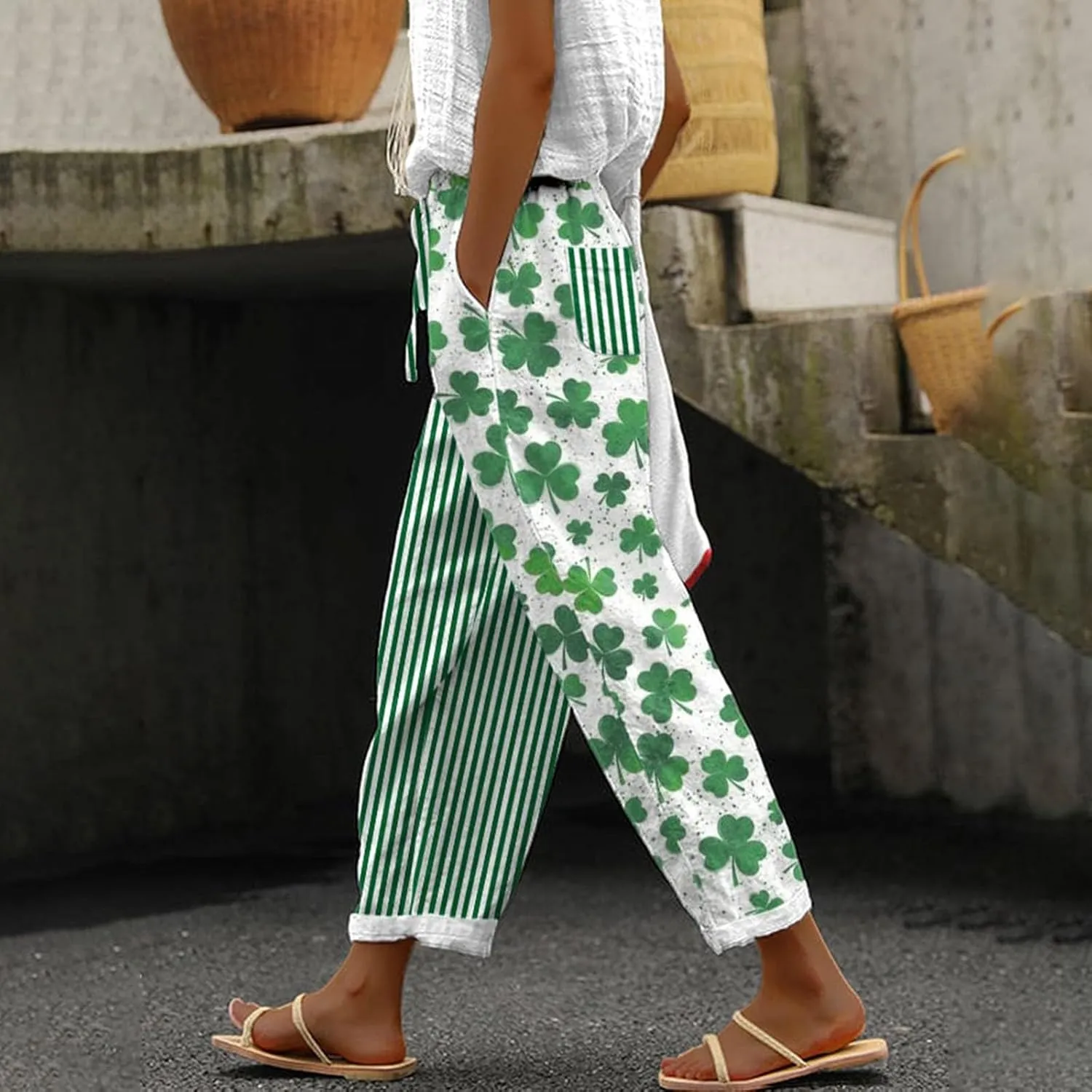 Women's Solid Striped Linen Capris Pants Spring Flowy Beach Trousers Outfits Linen Crop Pants for Women Casual
