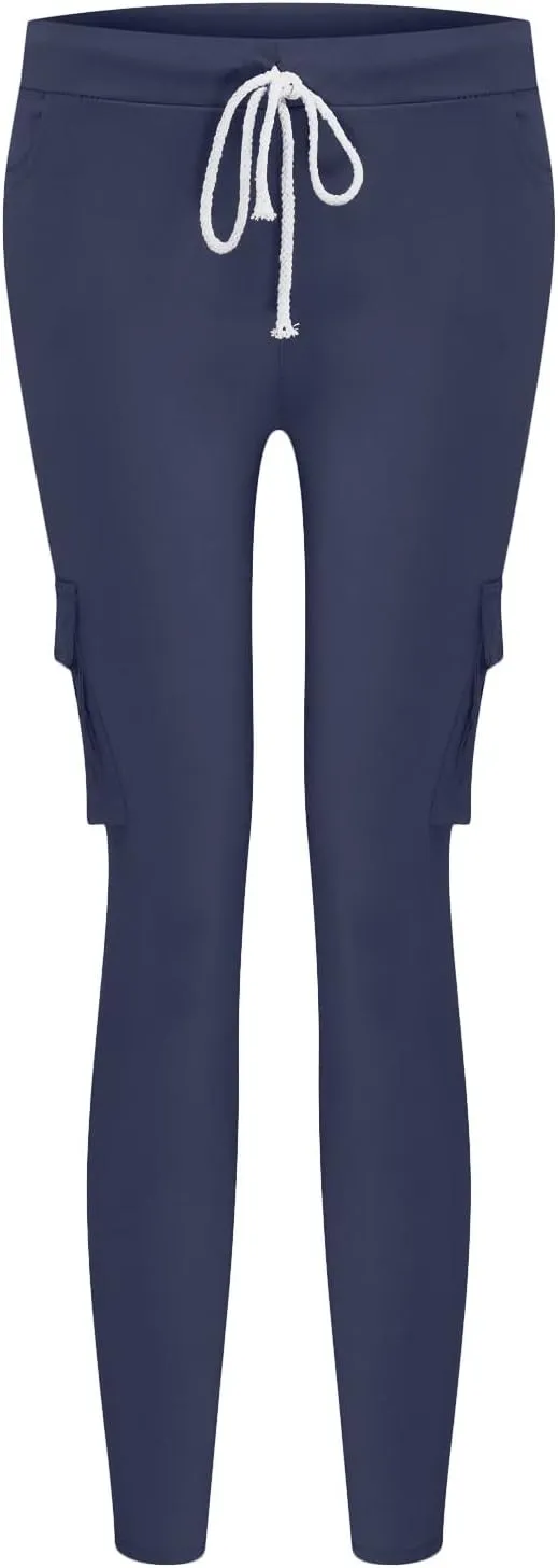 Women's Stretch Skinny Cargo Pants Casual High Waist Drawstring Cargo Joggers Butt Lift Pencil Trousers with Pockets