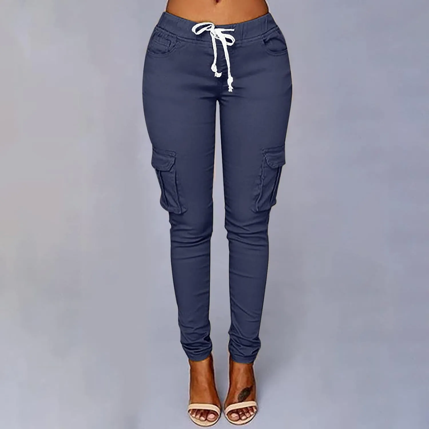 Women's Stretch Skinny Cargo Pants Casual High Waist Drawstring Cargo Joggers Butt Lift Pencil Trousers with Pockets