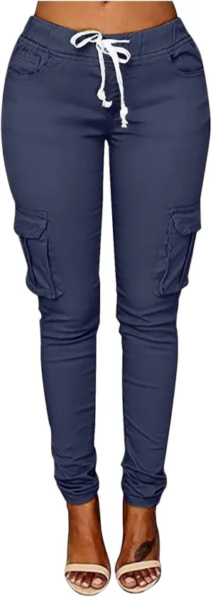 Women's Stretch Skinny Cargo Pants Casual High Waist Drawstring Cargo Joggers Butt Lift Pencil Trousers with Pockets