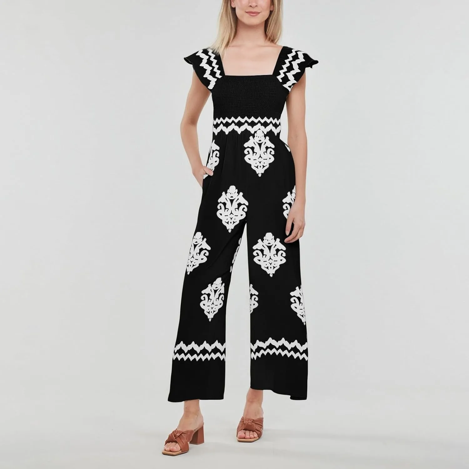 Womens Summer Jumpsuits 2025 Trendy Printed Square Neck High Waisted Wide Leg Rompers Casual Beach Vacation Clothes