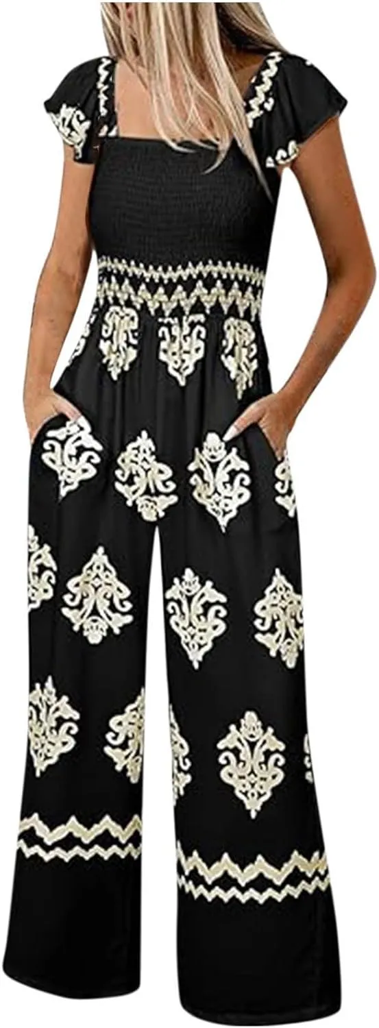 Womens Summer Jumpsuits 2025 Trendy Printed Square Neck High Waisted Wide Leg Rompers Casual Beach Vacation Clothes