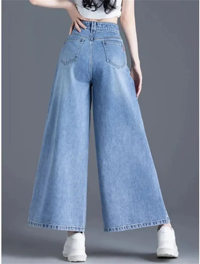 Women's Wide Legs Pants High Waisted Jeans Design Sense Cowboy Skirt Trousers