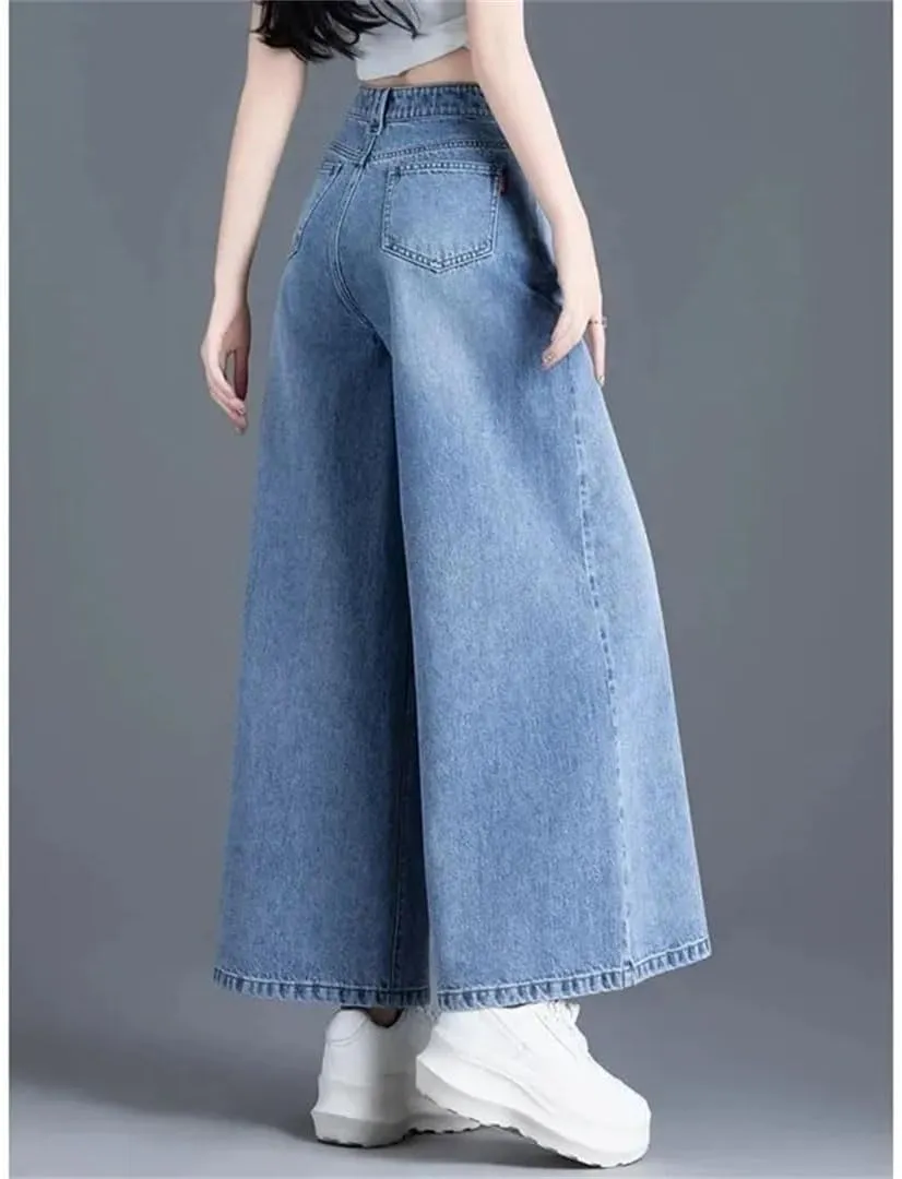 Women's Wide Legs Pants High Waisted Jeans Design Sense Cowboy Skirt Trousers