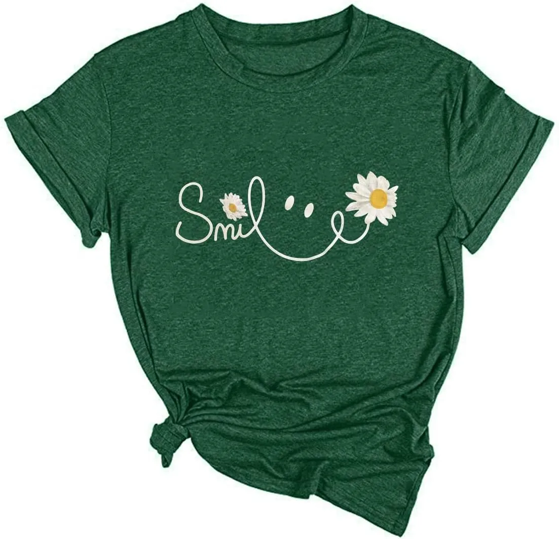 Yimoya Floral T Shirts for Women Daisy Smile Shirt Cute Wild Flower Graphic Tees