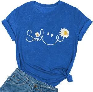 Yimoya Floral T Shirts for Women Daisy Smile Shirt Cute Wild Flower Graphic Tees