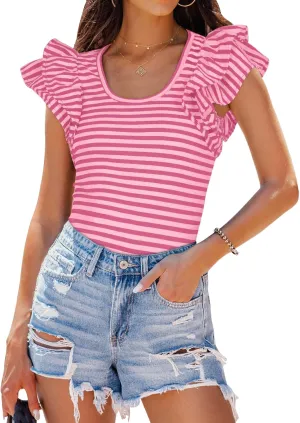 ZESICA Women's Ruffle Short Sleeve Striped T Shirts Summer Scoop Neck Slim Fitted Causal Basic Tee Tops