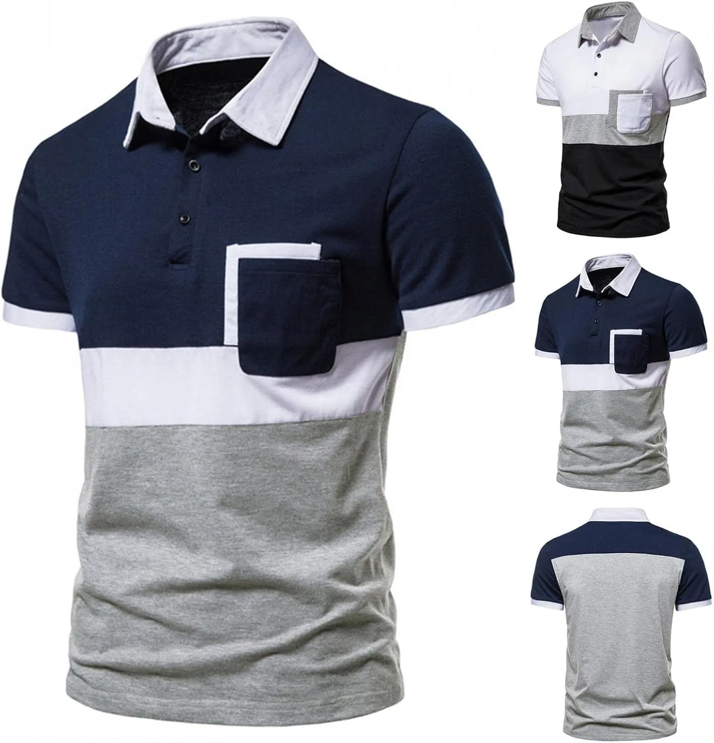 ZHUER Summer Color Block T Shirts for Men Short Sleeve Button Up Henley Shirts Slim Fit Turn-Down Collar Casual Golf Shirts